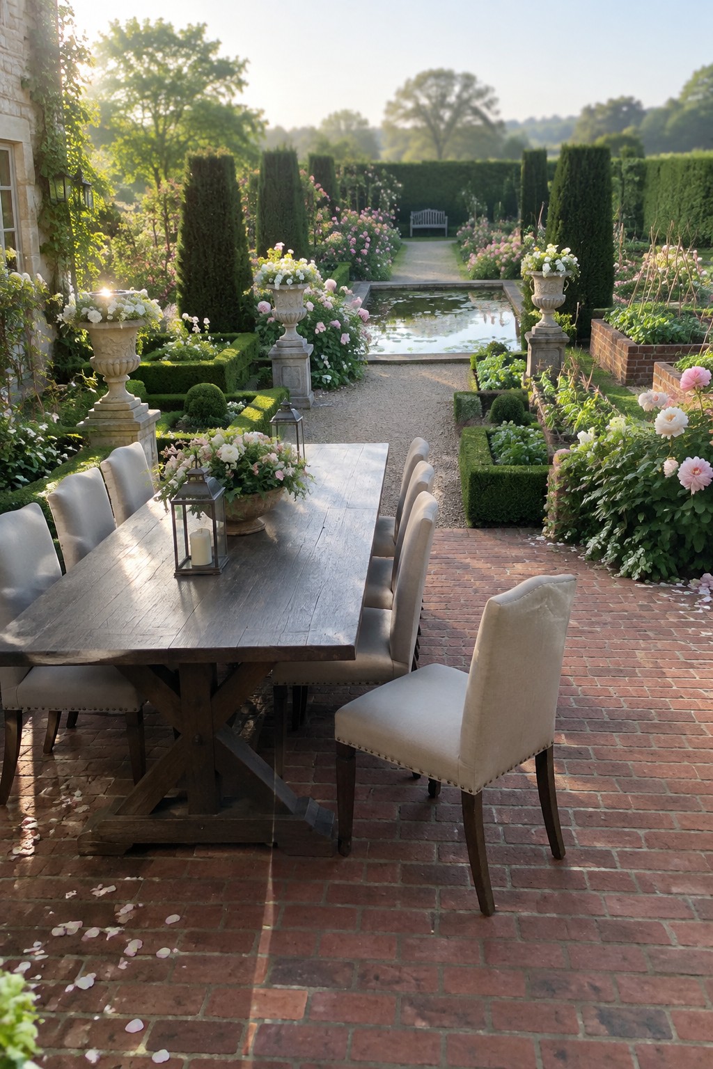 A wooden dining table with chairs on a brick patio beside formal garden beds, hedges, stone urns, and a pond.