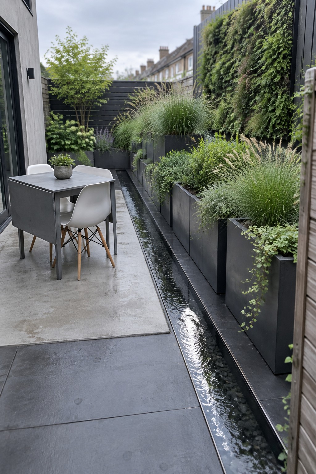 Modern patio with dining table, white chairs, water channel, and black planters.