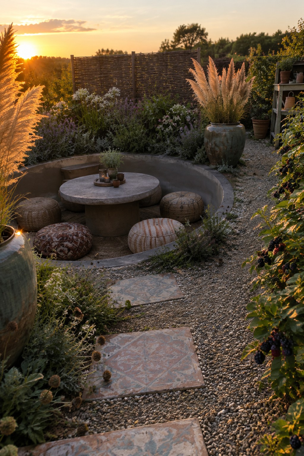Circular concrete garden lounge with stone table, woven poufs, and glowing pampas grass at sunset.