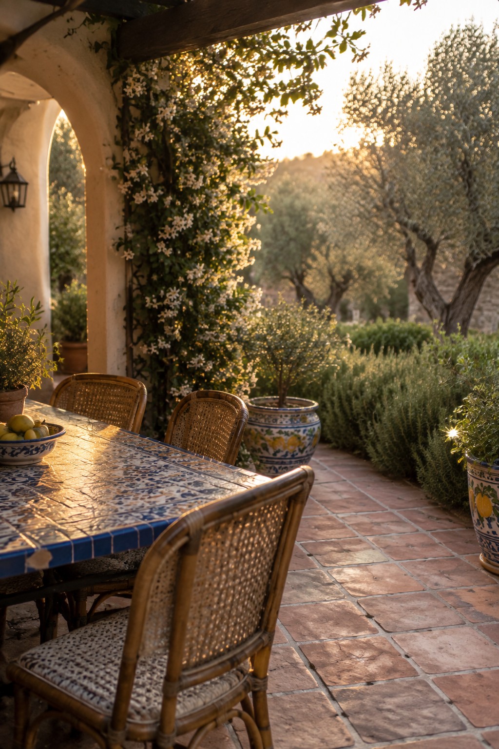 Sunlit patio with mosaic table, rattan chairs, lemon bowl, and flowering vines at sunset