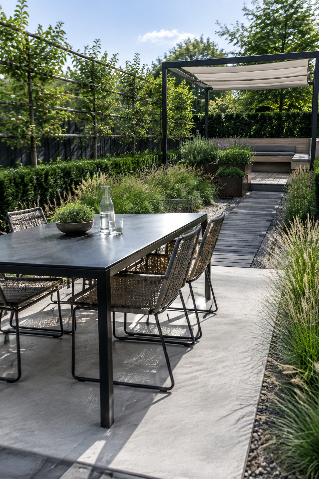 Outdoor dining table and woven chairs on a concrete patio next to a gravel path, raised planting beds, and a pergola with seating on a wooden deck.