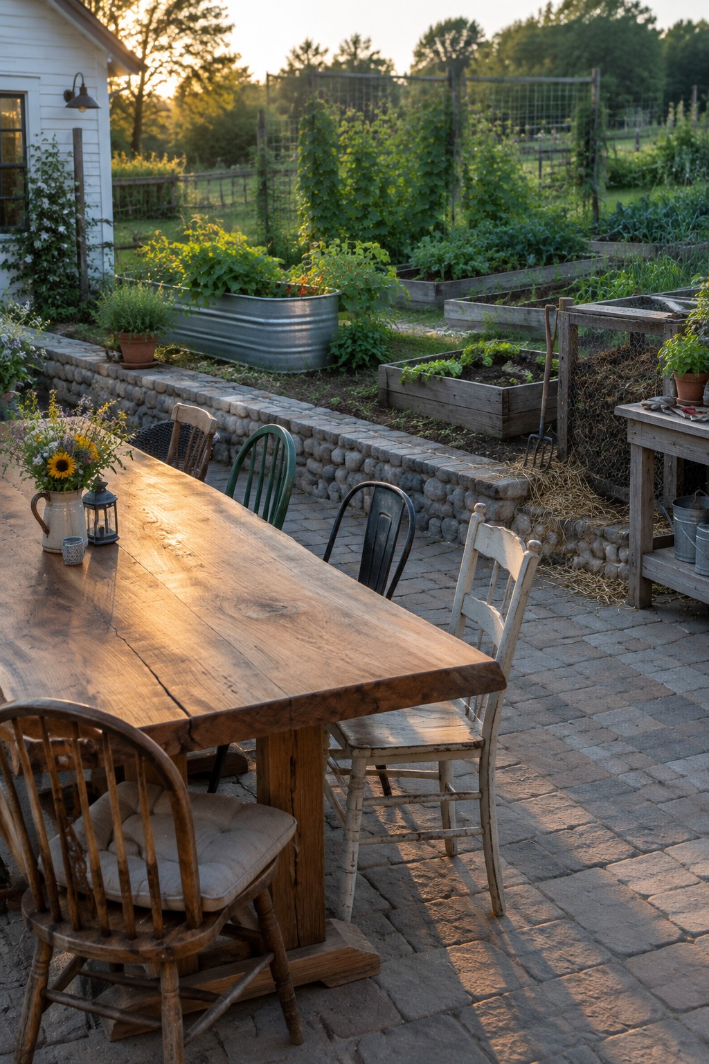 Rustic wooden table with chairs on brick patio beside lush garden beds