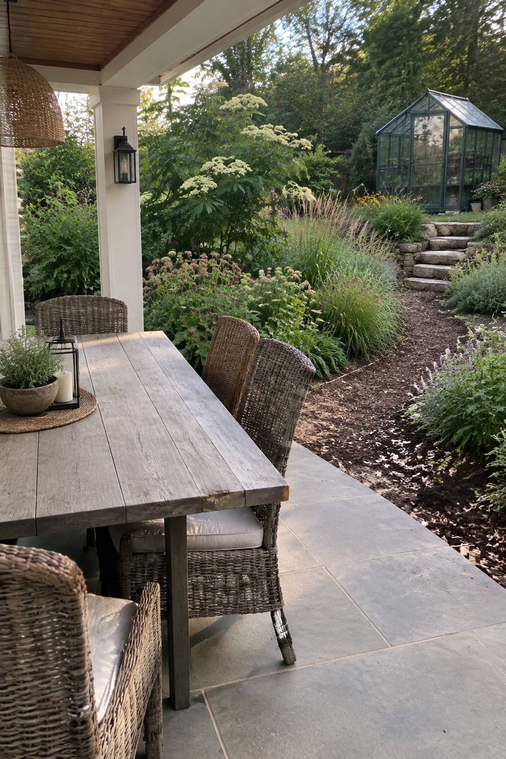 A wooden dining table with woven chairs sits on a stone patio beside a garden path leading to a greenhouse.
