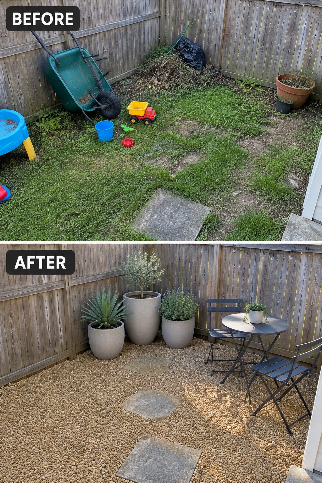 Before and after backyard: cluttered toys above, tidy gravel patio with plants and furniture below.
