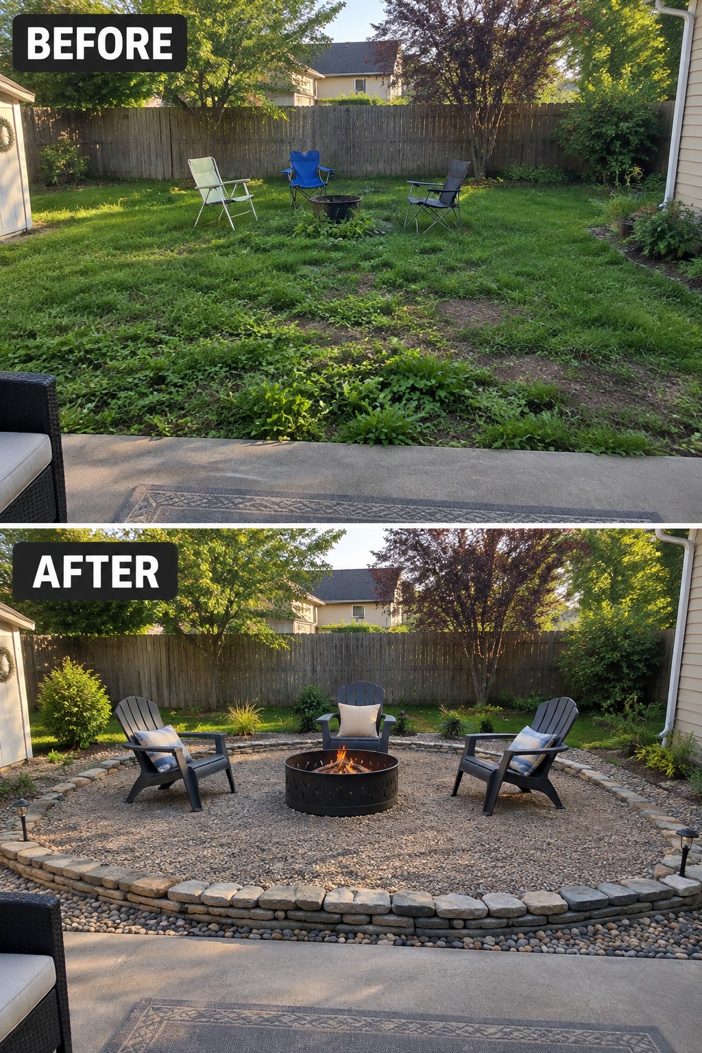 Before and after backyard fire pit with gravel patio and Adirondack chairs