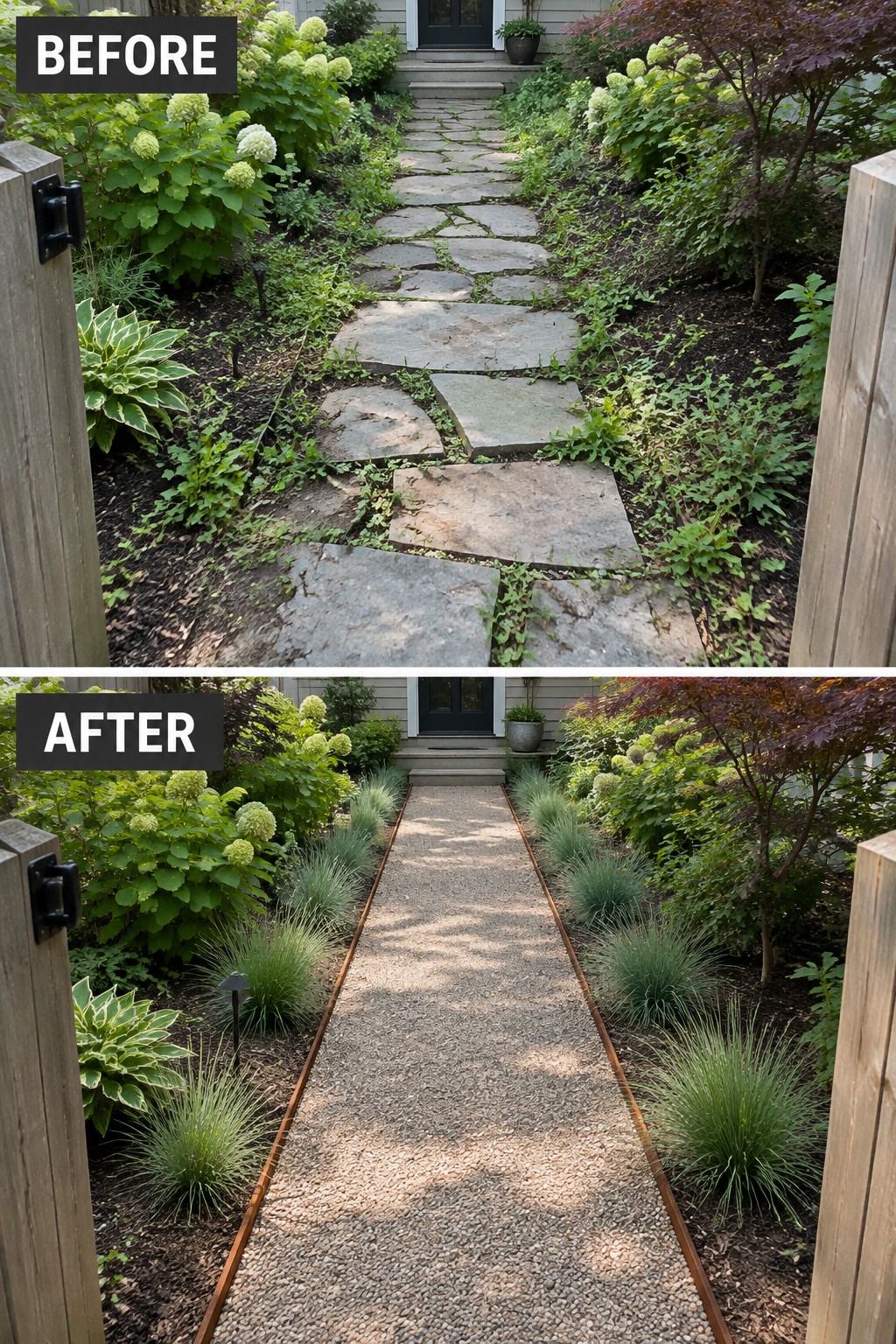 Before-after garden path: overgrown stones replaced by edged gravel with grasses.