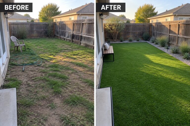 Before and after backyard with patchy grass replaced by lush artificial turf and plants.