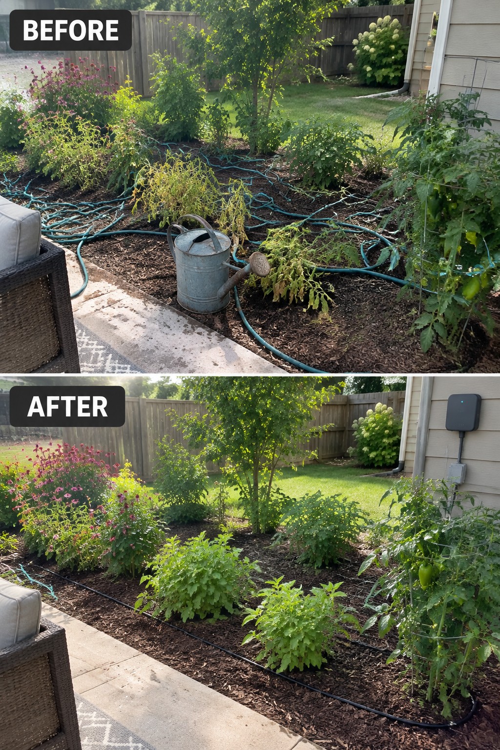 Before and after backyard garden bed with messy hoses versus neat plants and drip irrigation