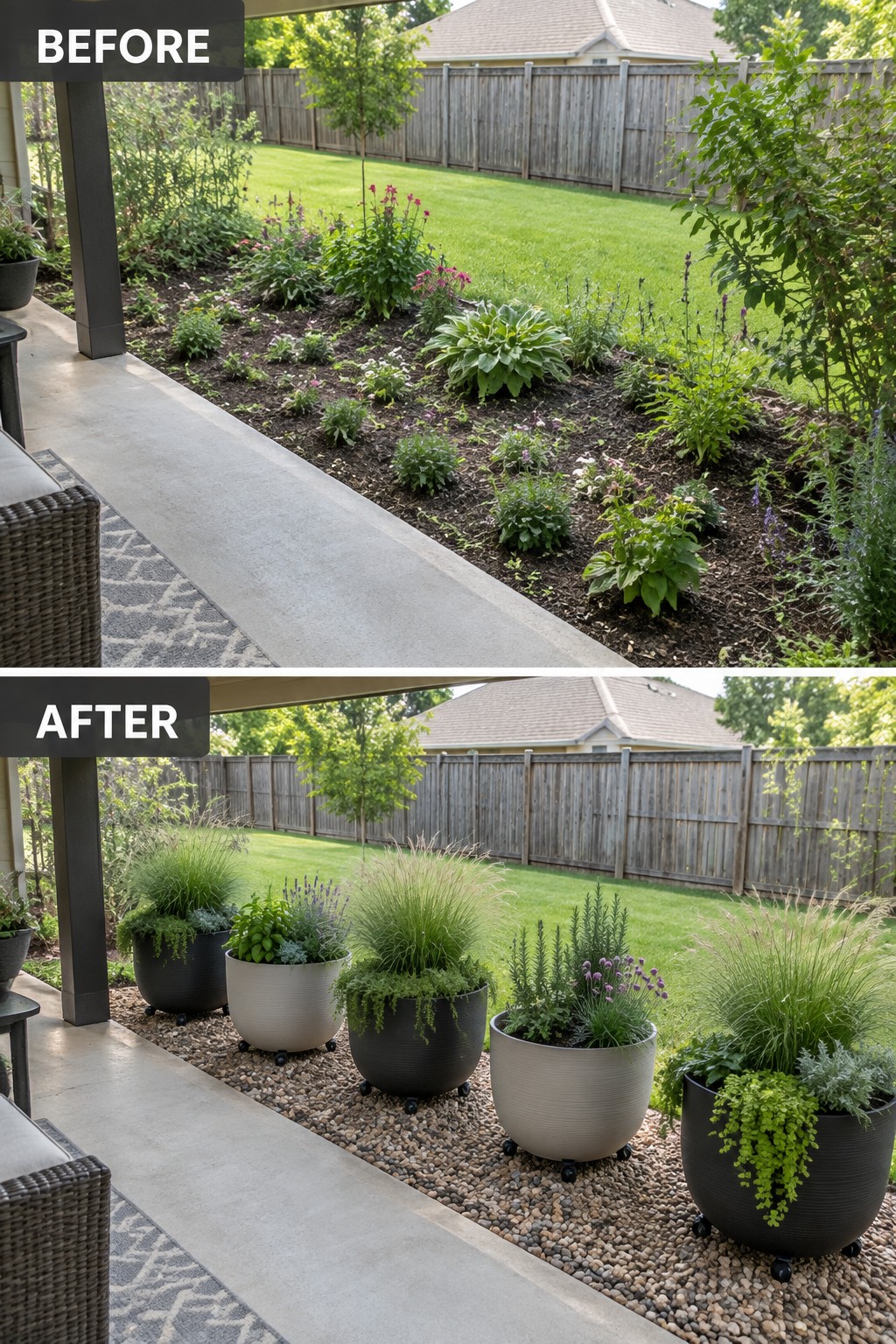 Before and after patio garden with flowerbed and large potted plants on gravel