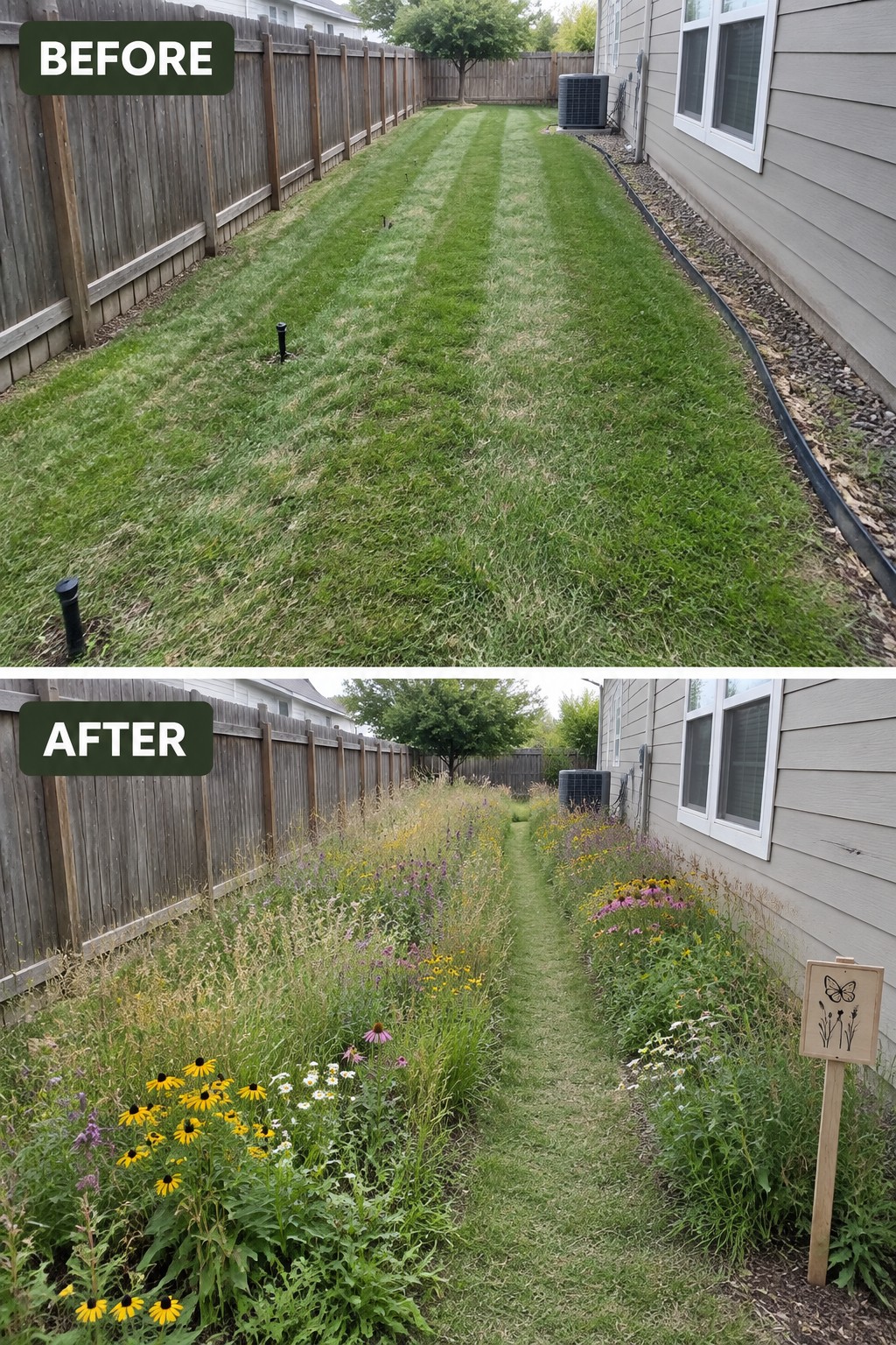 Before and after backyard lawn transformed into colorful wildflower meadow with path