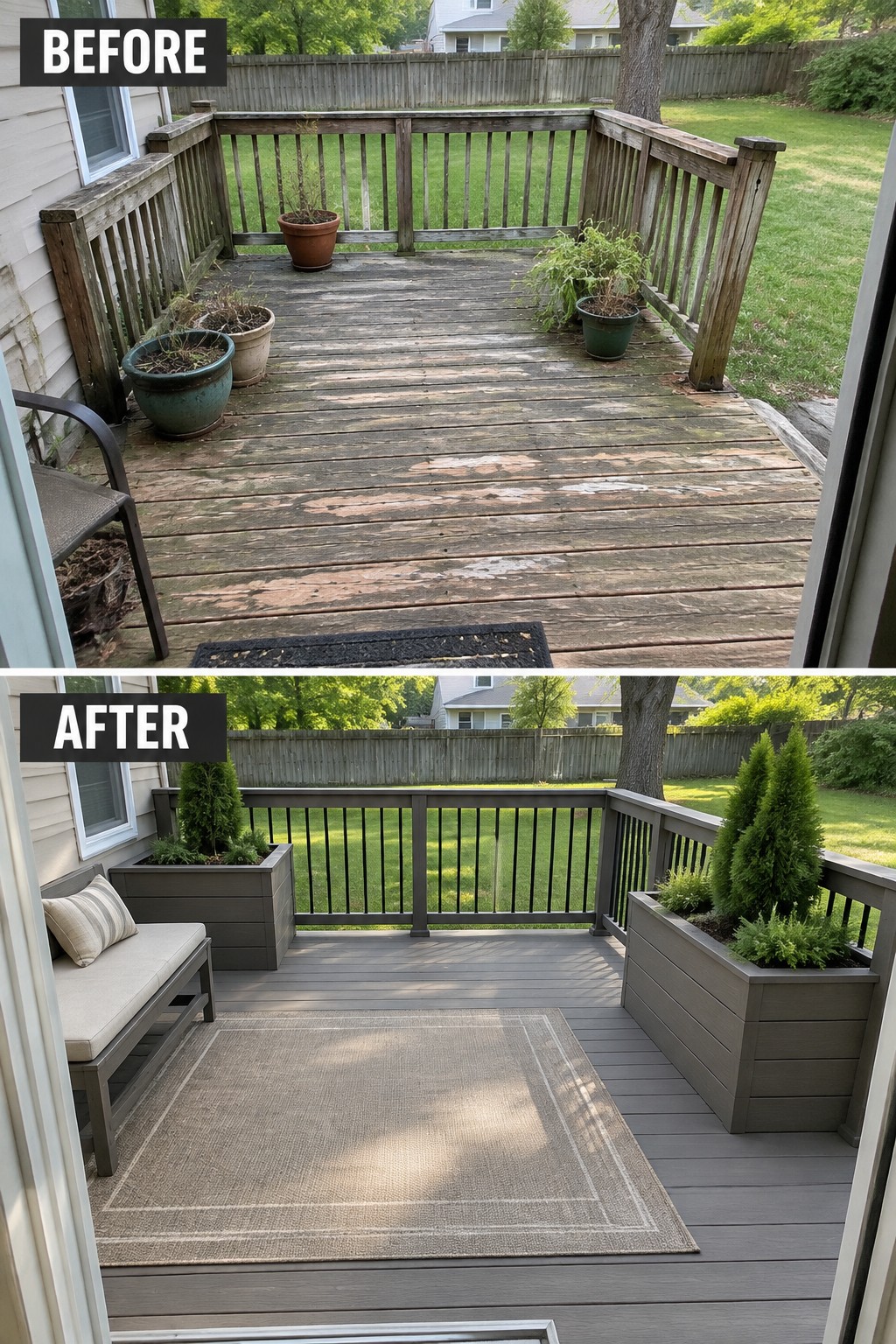 Before-and-after image of a weathered wooden deck updated with gray composite decking, a large area rug, a cushioned bench, and built-in planters.