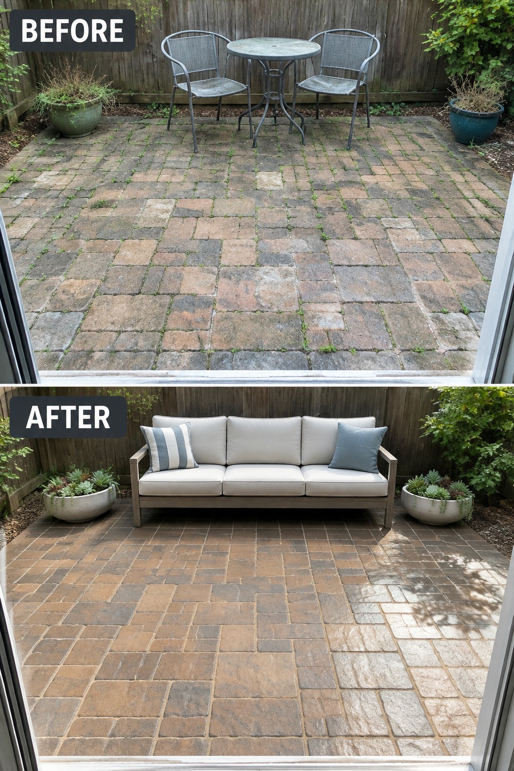 Before and after brick patio with table set replaced by sofa and planters.