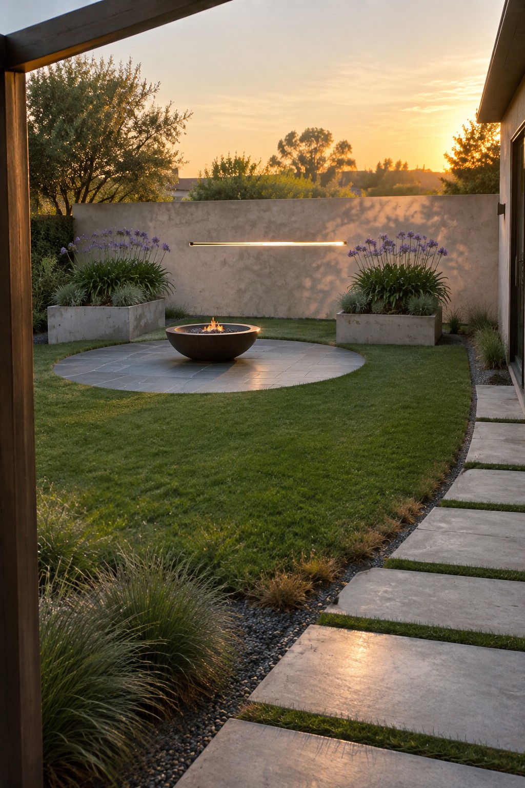 Modern backyard at sunset with fire pit on circular patio amid lawn and planters