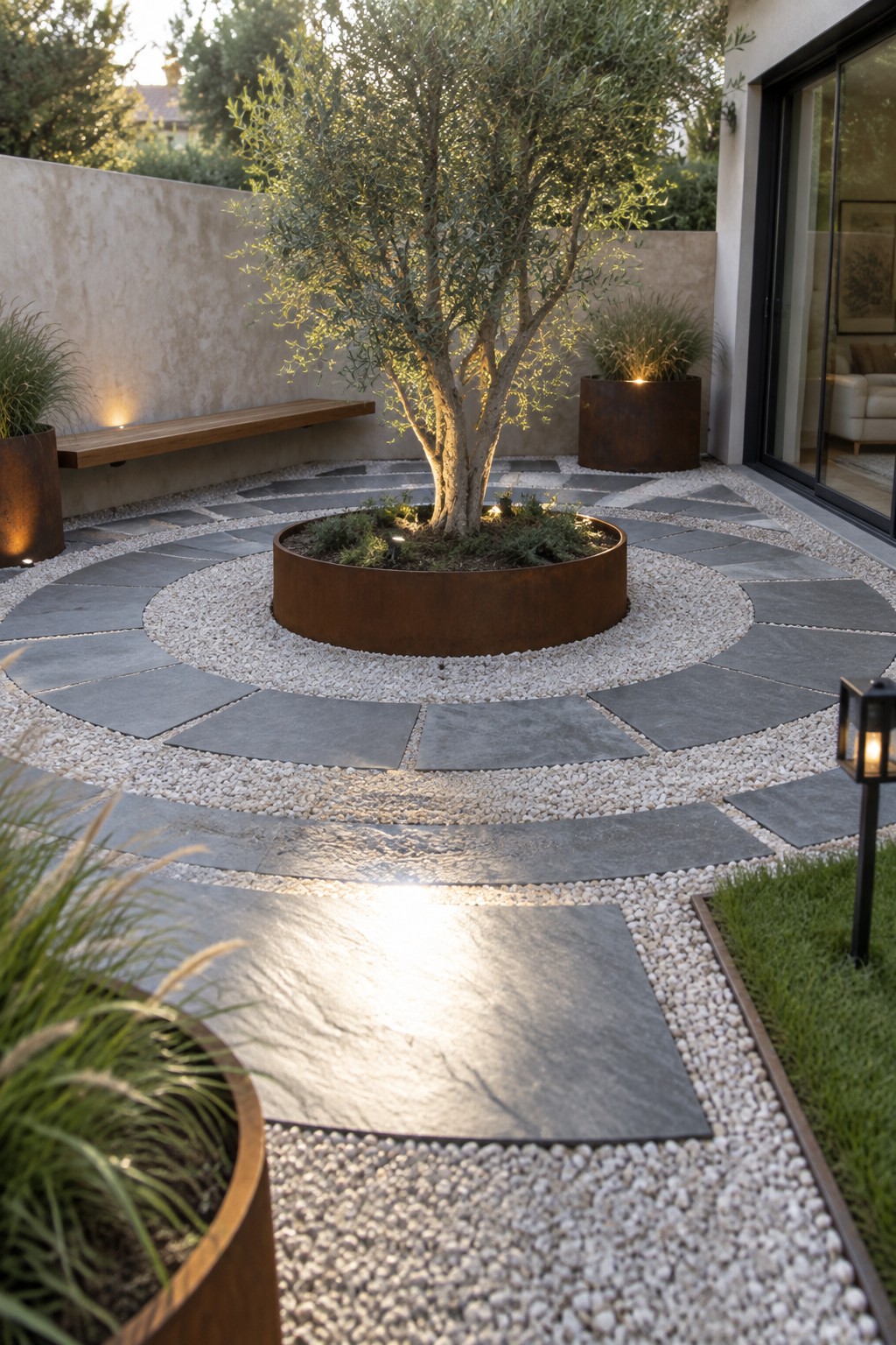 A minimalist backyard with a central tree in a round rusted metal planter, surrounded by concentric rings of white gravel and gray stone pavers, with additional planters along a stucco wall.