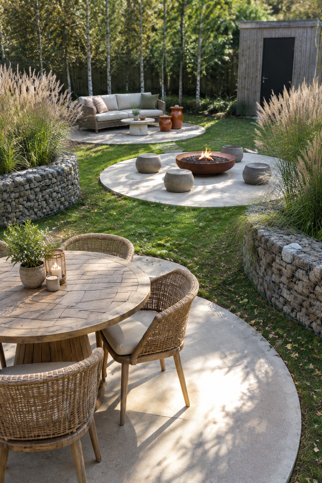 A backyard with several circular concrete platforms set into grass, including a fire pit area with stools, a dining table with chairs, a sofa on another pad, and stone gabion walls with tall ornamental grasses.