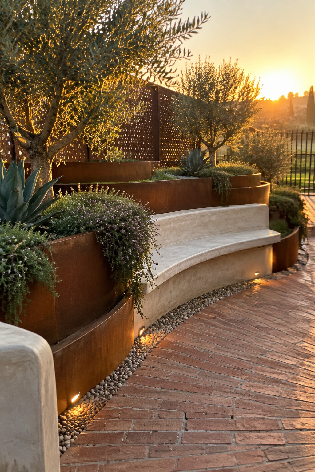 Curved corten steel planters with layered plants and a light concrete seating ledge beside a brick path in a garden at sunset.