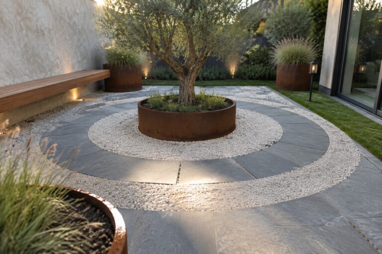 14 Minimalist Backyard Landscaping Ideas Based on Simple Geometry A minimalist backyard with a central tree in a round rusted metal planter, surrounded by concentric rings of white gravel and gray stone pavers, with additional planters along a stucco wall.