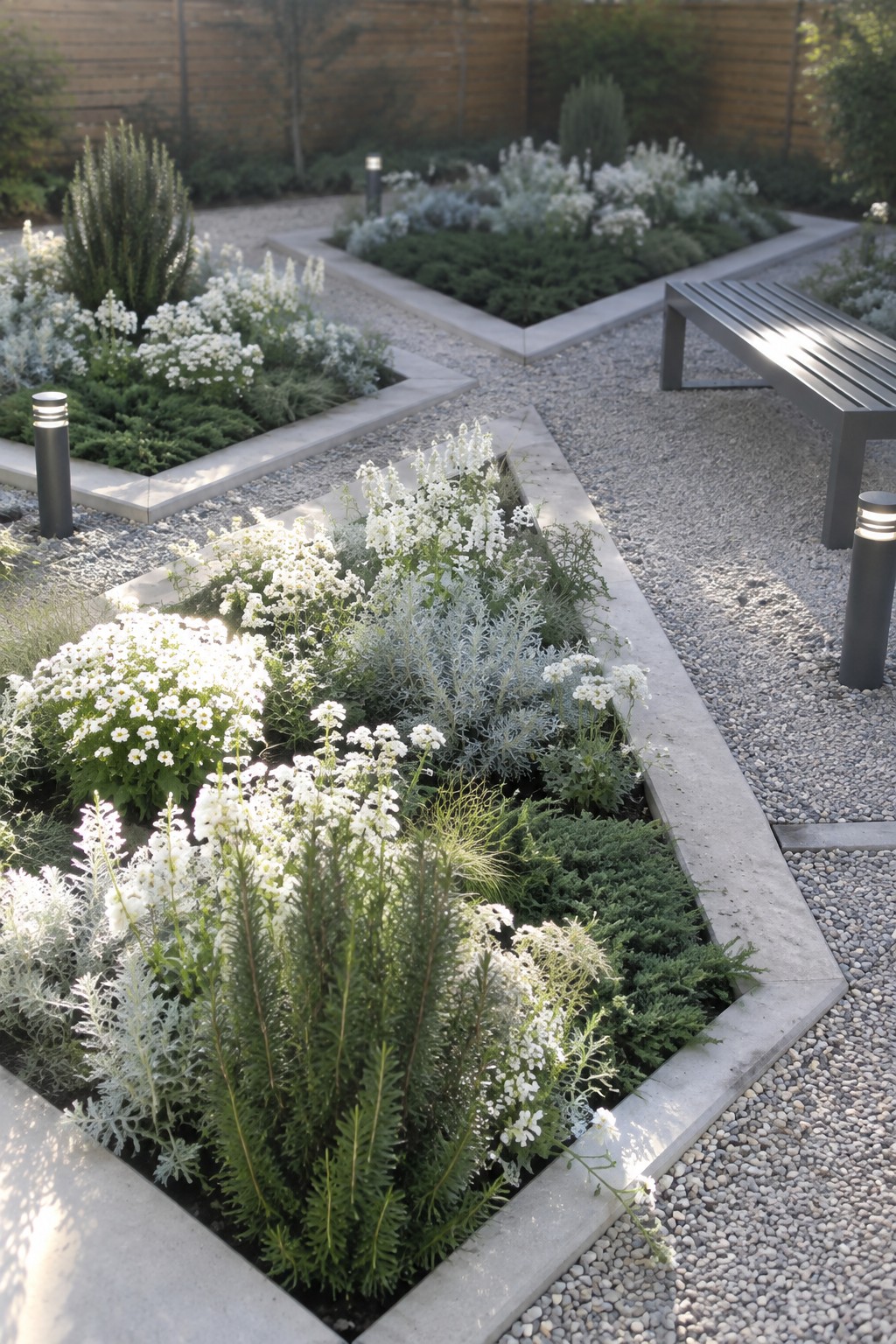 Modern garden with white flowers in geometric concrete beds beside gravel paths.