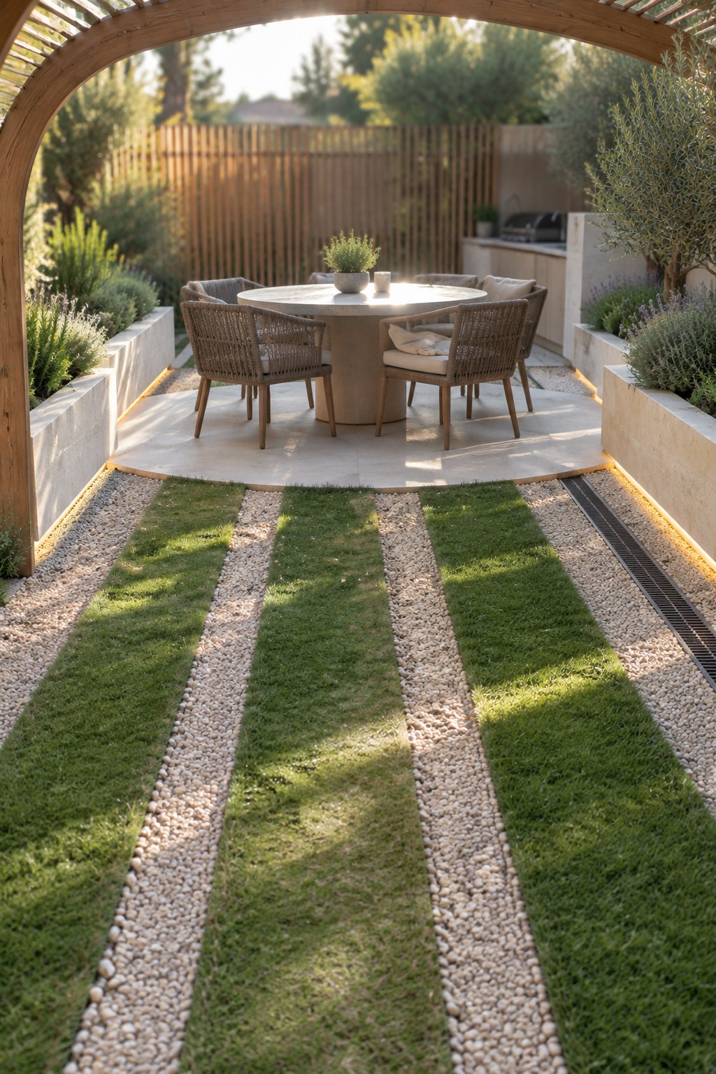 A garden path of alternating green grass strips and light gravel leads to a round concrete patio with woven chairs under a wooden arch.