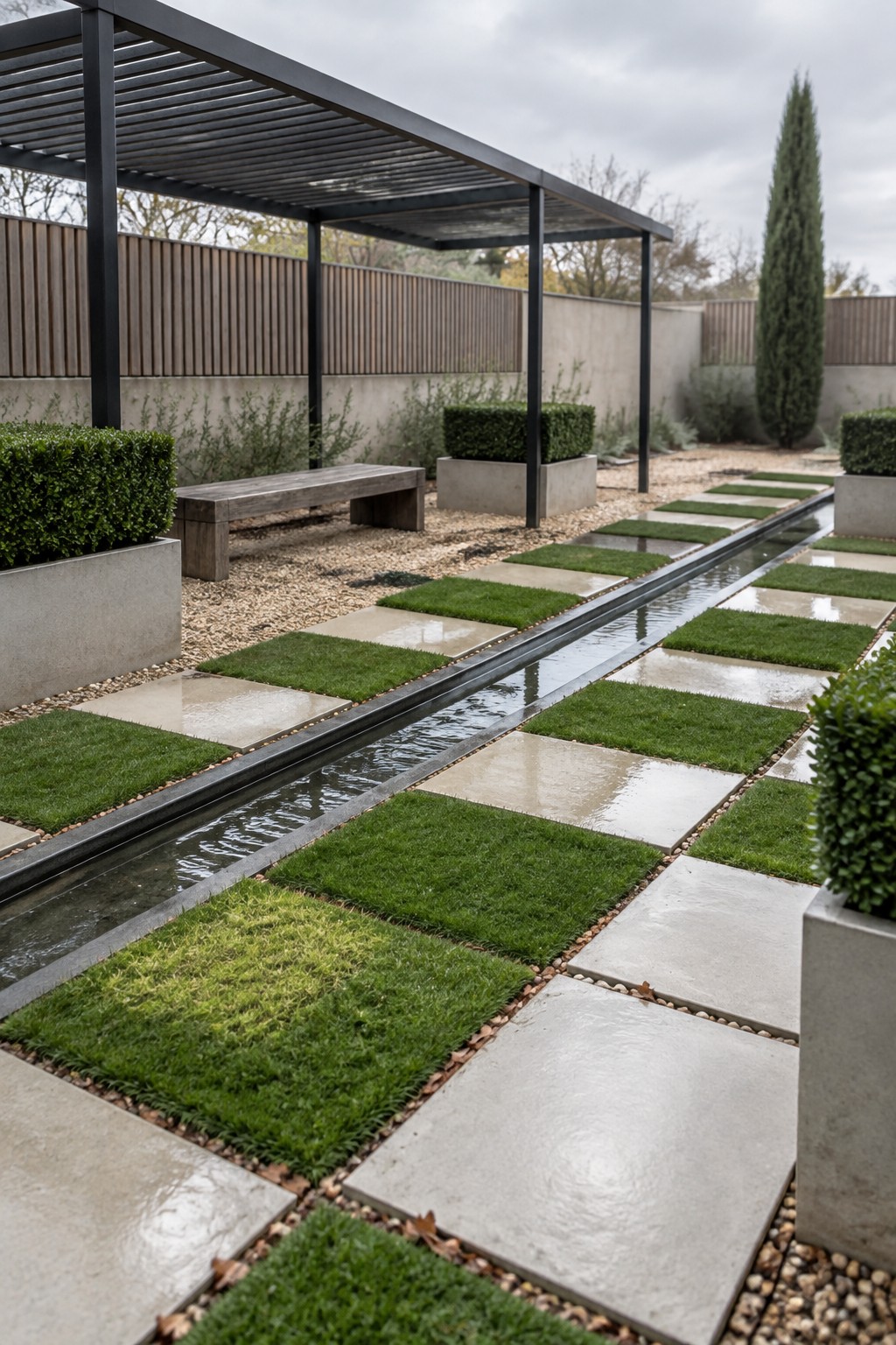 Modern garden with linear water rill amid grass and stone pavers under pergola