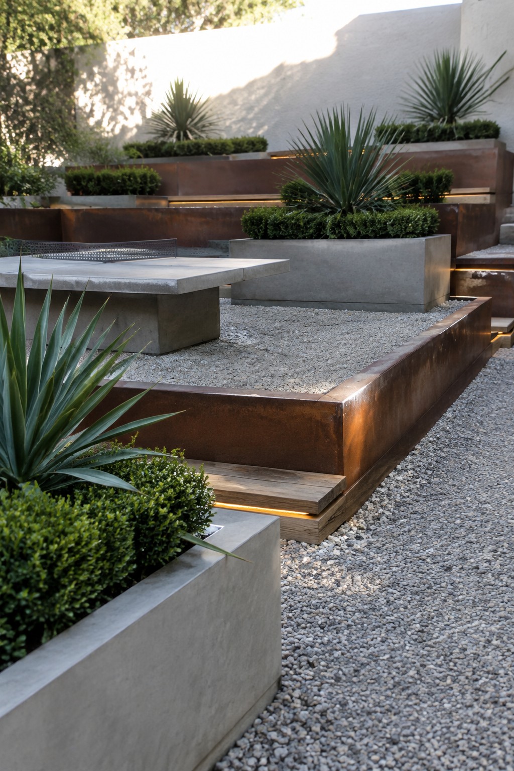 A backyard landscaping scene with multiple rectangular raised planters made of concrete and rusted metal, filled with shrubs and grasses, set in gravel with wooden steps.