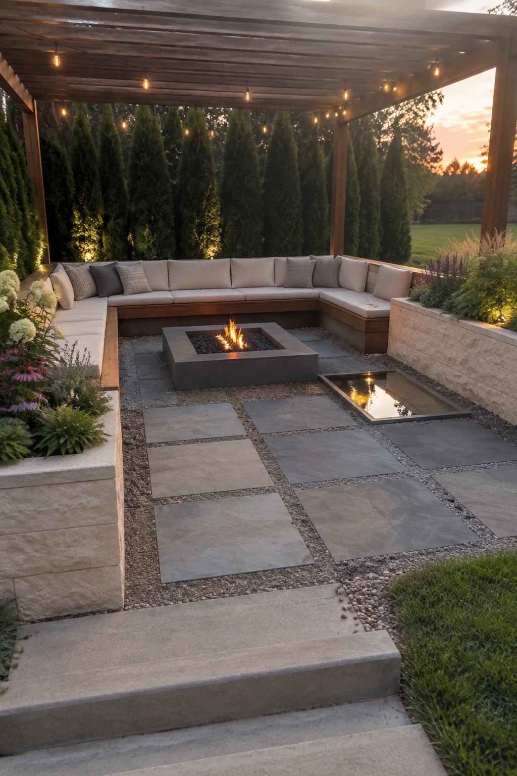 Modern patio with fire pit, water feature, stone pavers, and string lights at dusk.