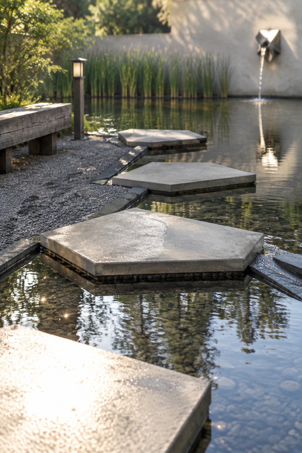 Concrete geometric stepping stones cross a shallow pond toward a wall with a metal water spout, with gravel and tall grasses along the edge.