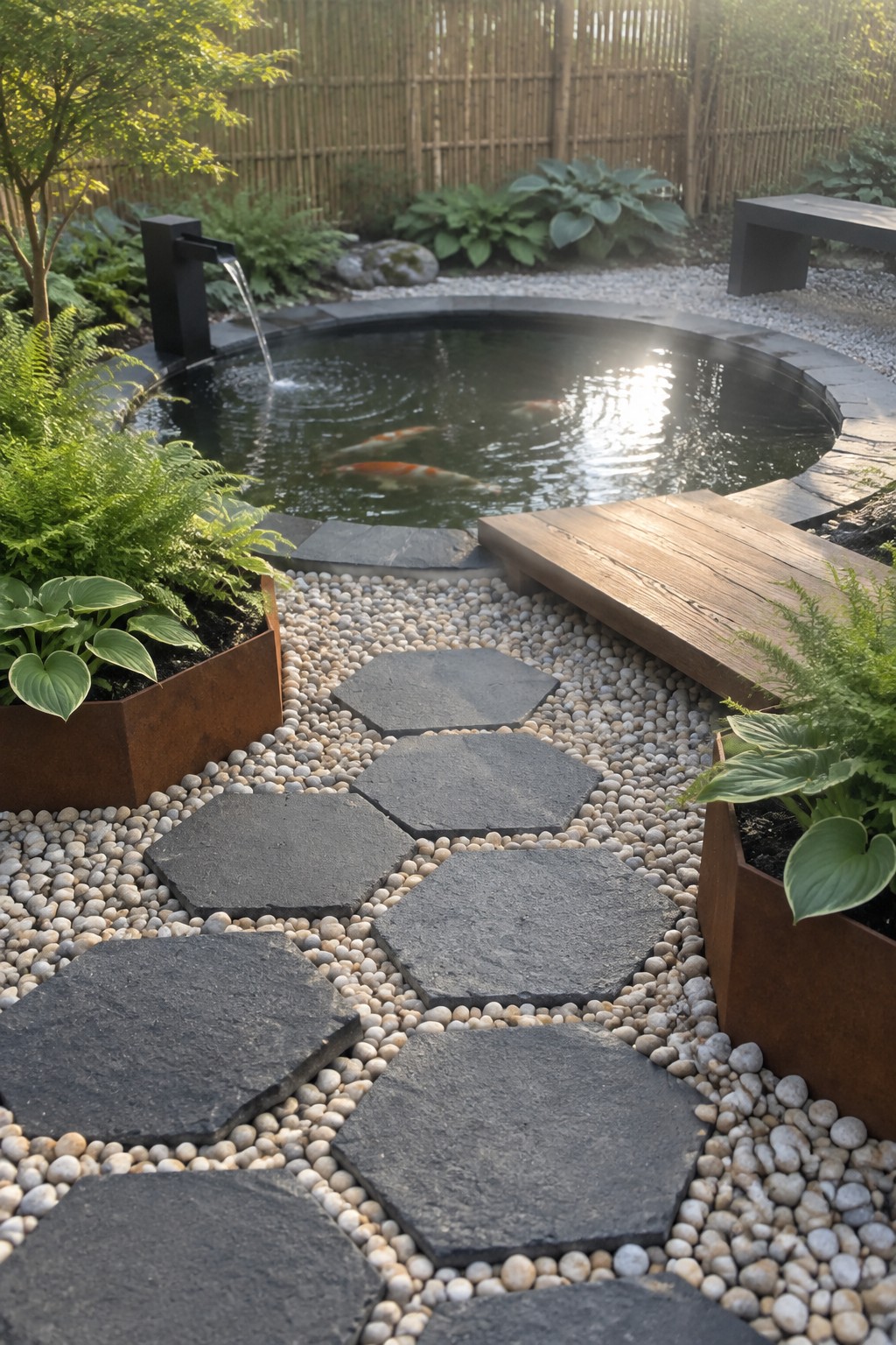 A winding garden path of dark hexagonal stepping stones set in light gravel leads toward a circular pond with koi fish and nearby plants in metal planters.