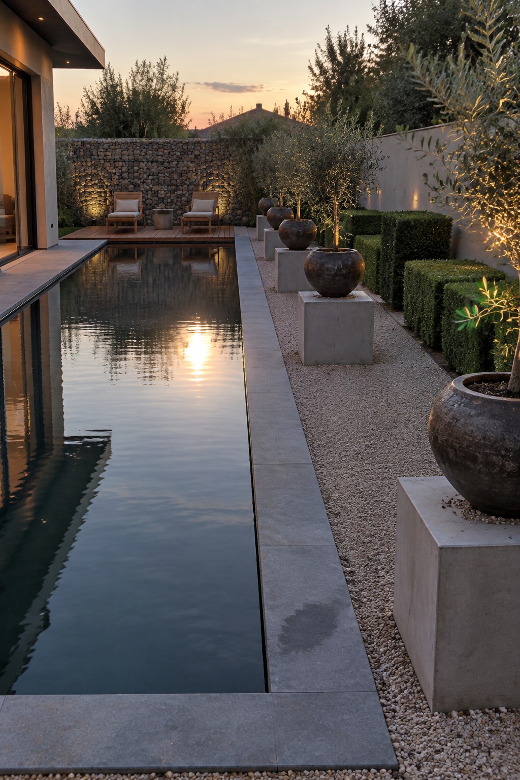 A long narrow pool runs beside a gravel path lined with square concrete blocks holding large round pots and clipped hedges.
