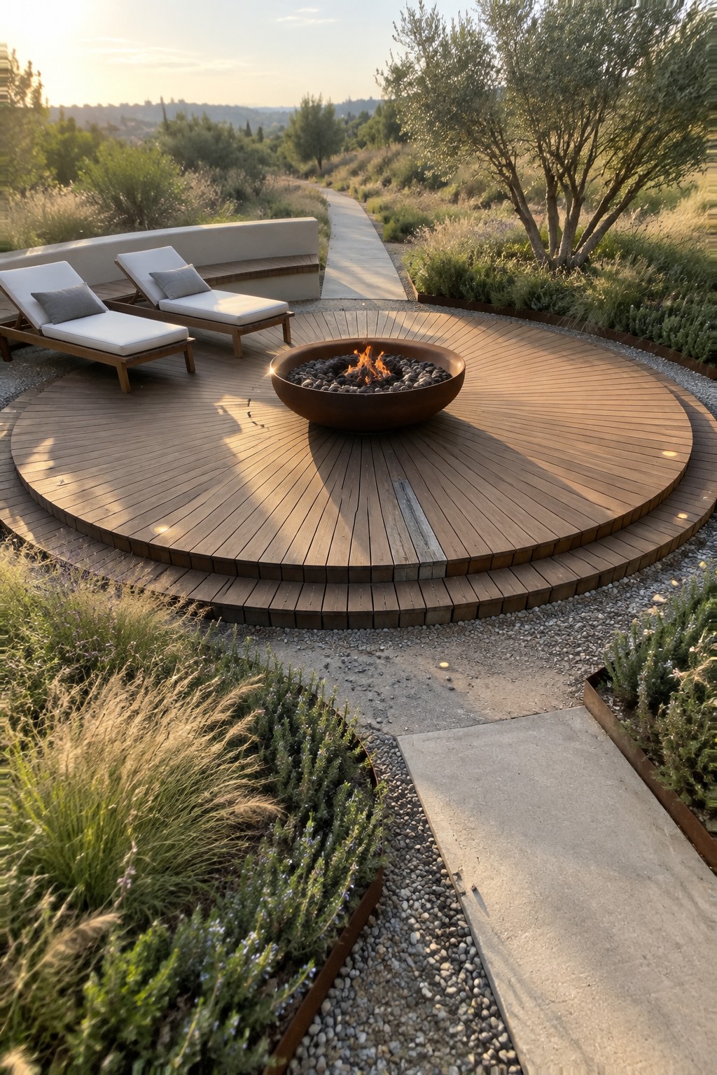 A circular wooden deck centered around a metal fire pit bowl, with two lounge chairs on the left side and garden paths and plants surrounding the structure.