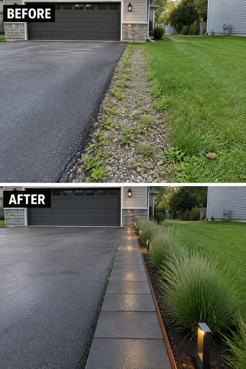 Before and after driveway edge from weedy gravel to lighted stone path with grasses