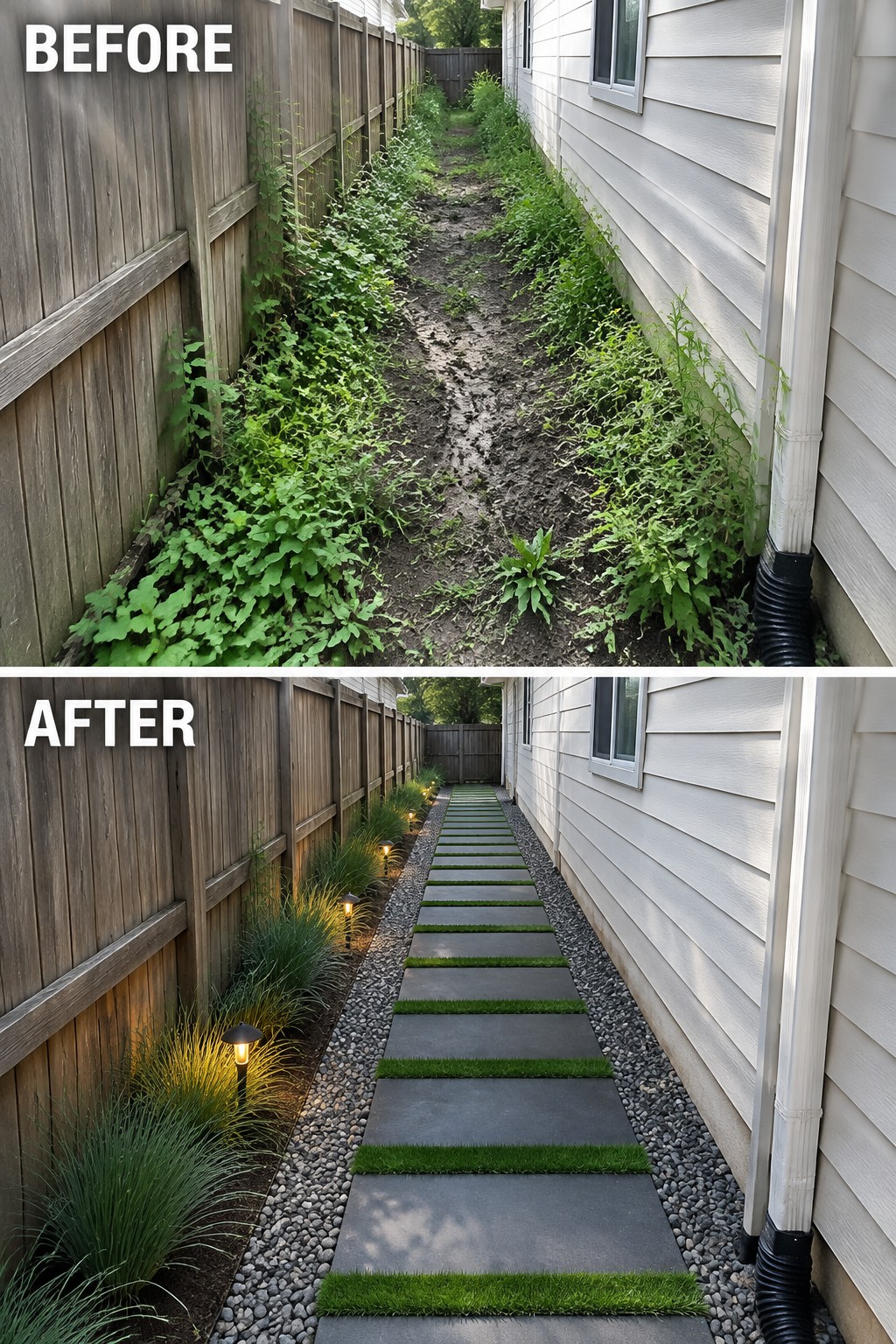 Before-and-after image of an overgrown muddy side yard changed into a structured walkway with rectangular pavers, gravel borders, and path lights.