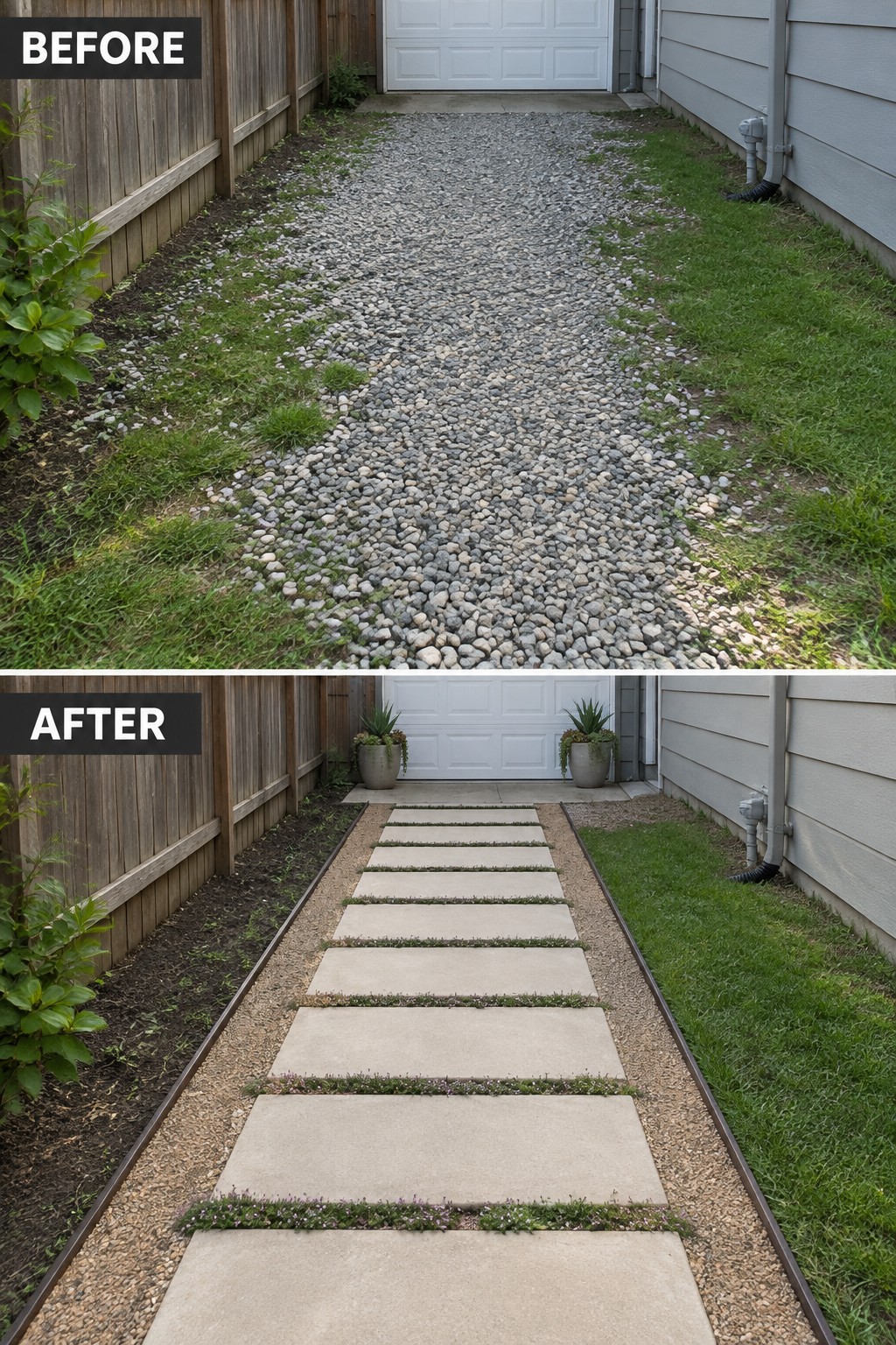 Before-and-after view of gravel path transformed into concrete paver walkway with plants.