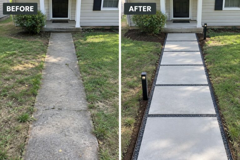Before cracked concrete path and after modern paver walkway with lights.