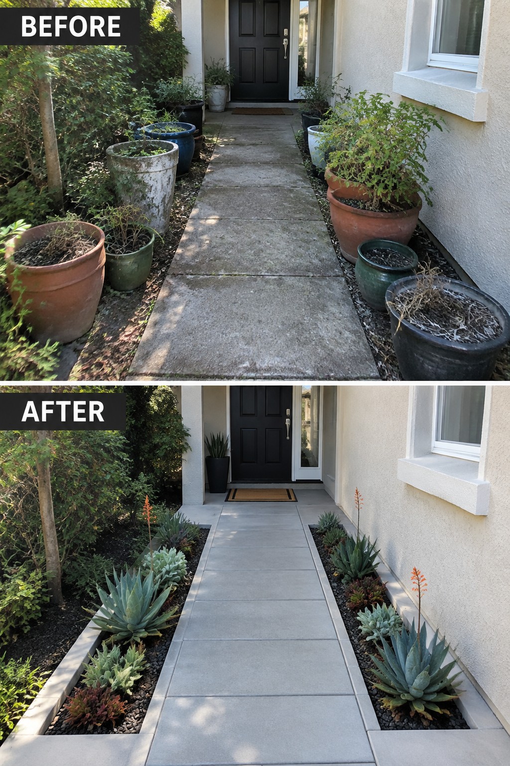 Before-and-after views of concrete walkway with messy pots transformed into succulent beds.
