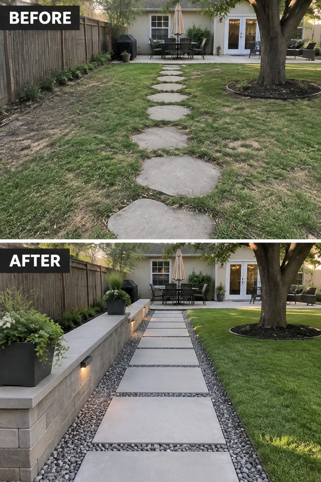 Before-and-after backyard path: uneven stones replaced by straight pavers, gravel, lit retaining wall.