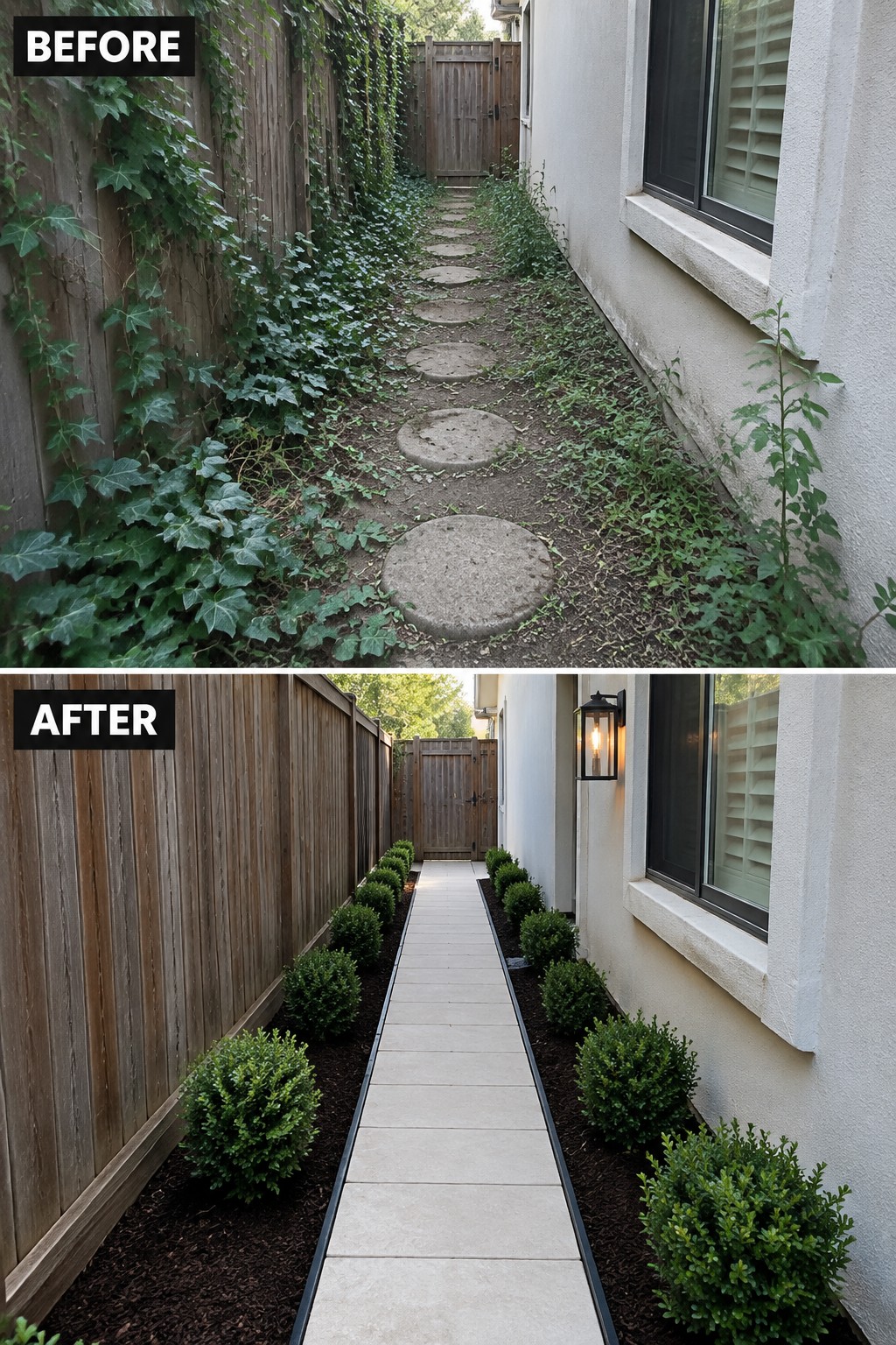 Before-and-after image of an overgrown side yard path with ivy and uneven stepping stones changed into a straight paver walkway bordered by neat shrubs in mulch beds.
