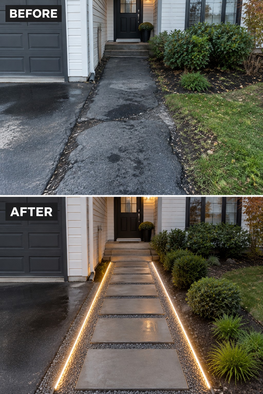 Before-and-after image of a cracked asphalt walkway replaced with rectangular concrete pavers, gravel borders, and integrated linear lighting.