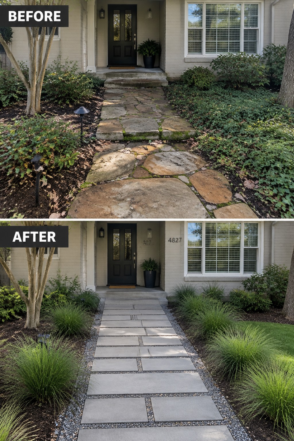 Before and after front walkway with irregular stones replaced by neat gray pavers and landscaping