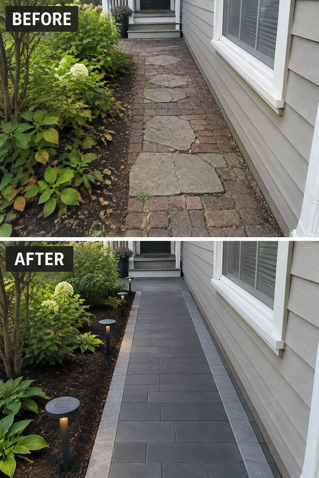 Before-and-after image of an irregular stone and brick walkway next to a house changed into a straight dark gray paver path with solar lights along the garden border.