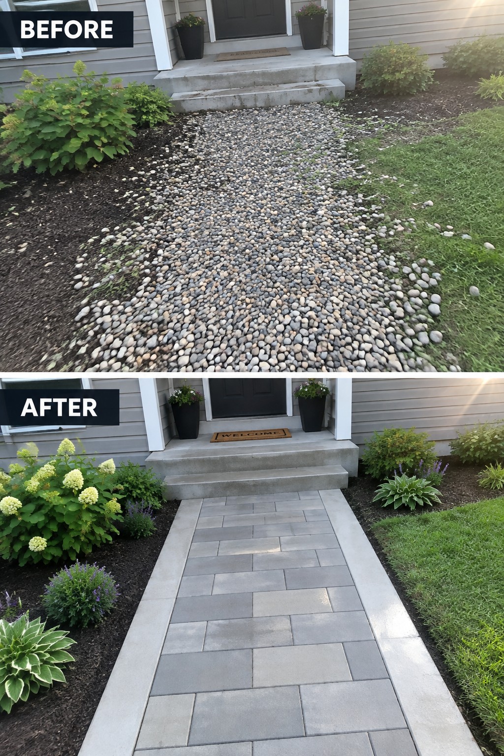 Before and after of pebble path replaced by gray paver walkway with landscaping