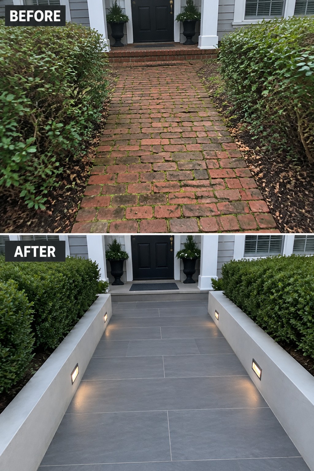 Before-and-after of brick walkway transformed into modern gray tiled path with lights