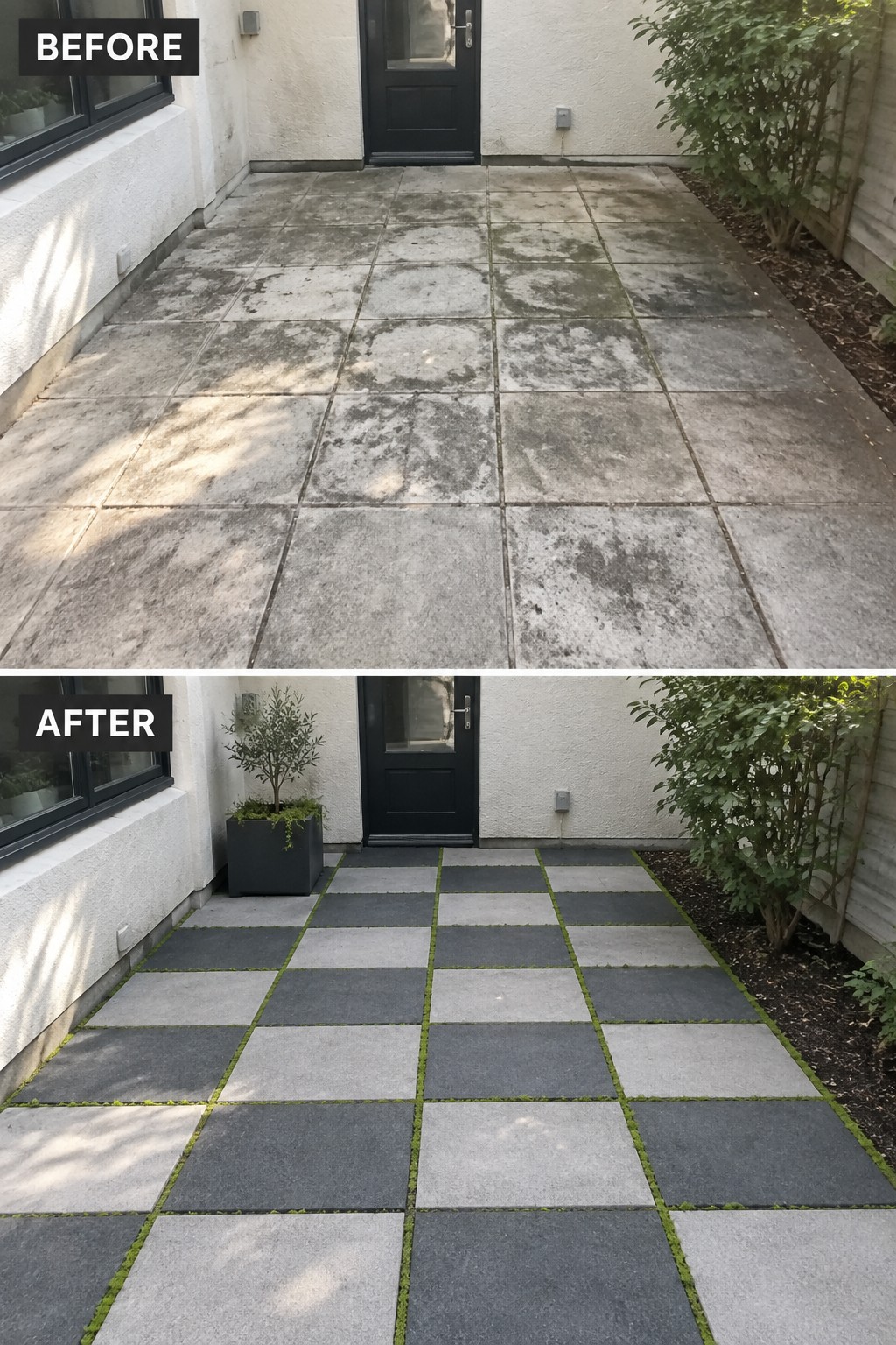 Before-and-after patio with dirty tiles cleaned into alternating gray squares and green moss joints.