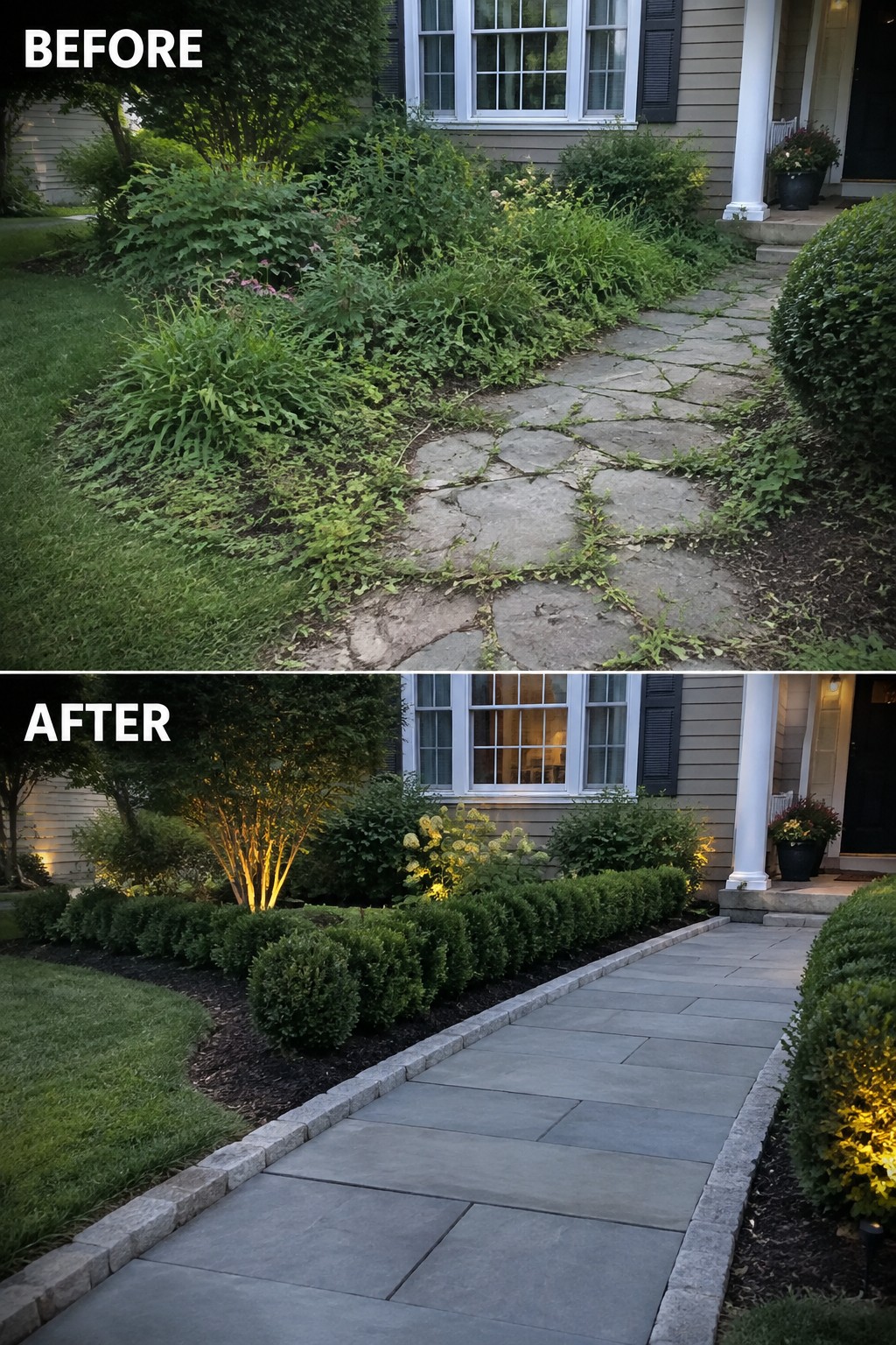 Before and after of overgrown garden path transformed into neat landscaped walkway.
