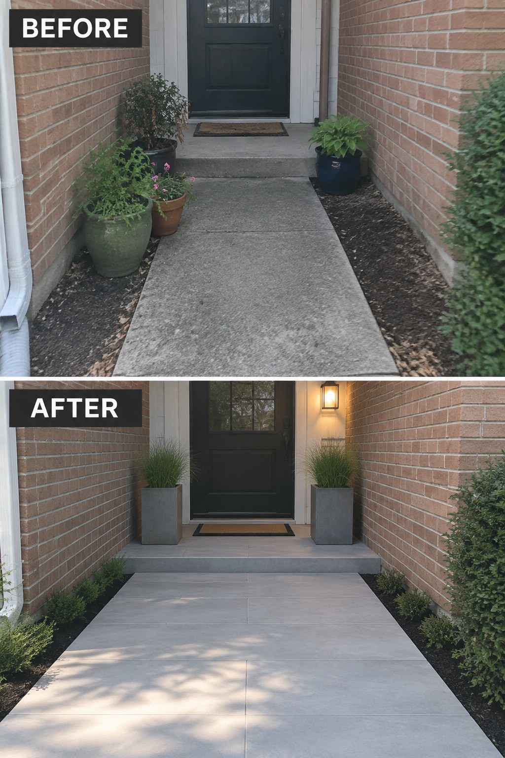 Before and after of brick entryway with potted plants, black door, and updated gray planters