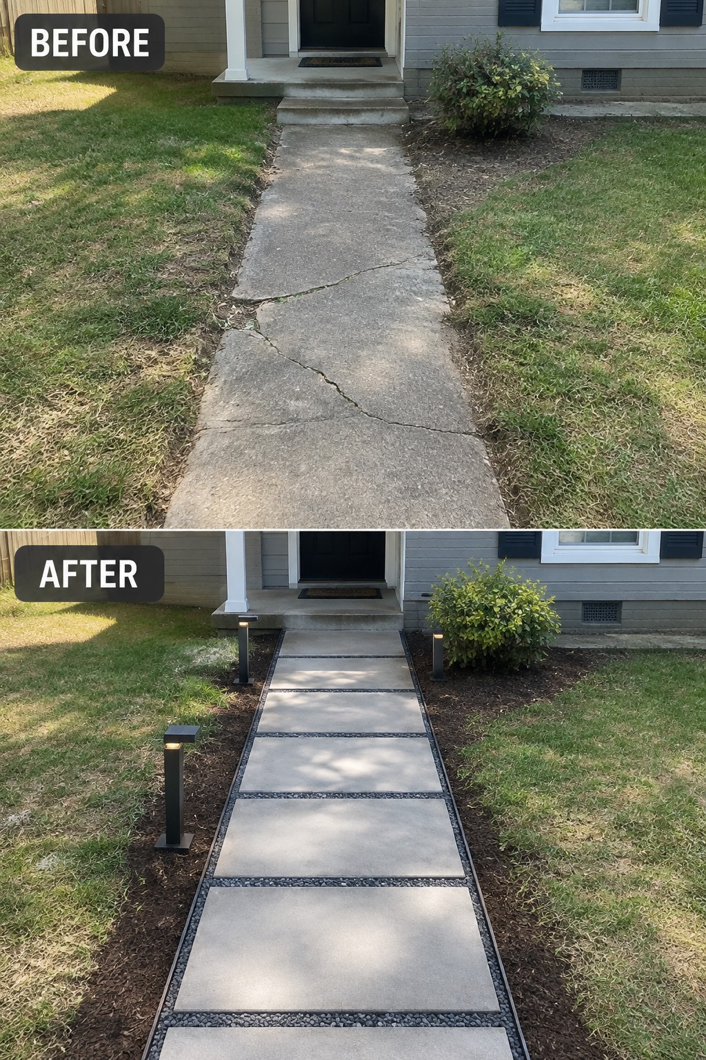 Before cracked concrete path and after modern paver walkway with lights.