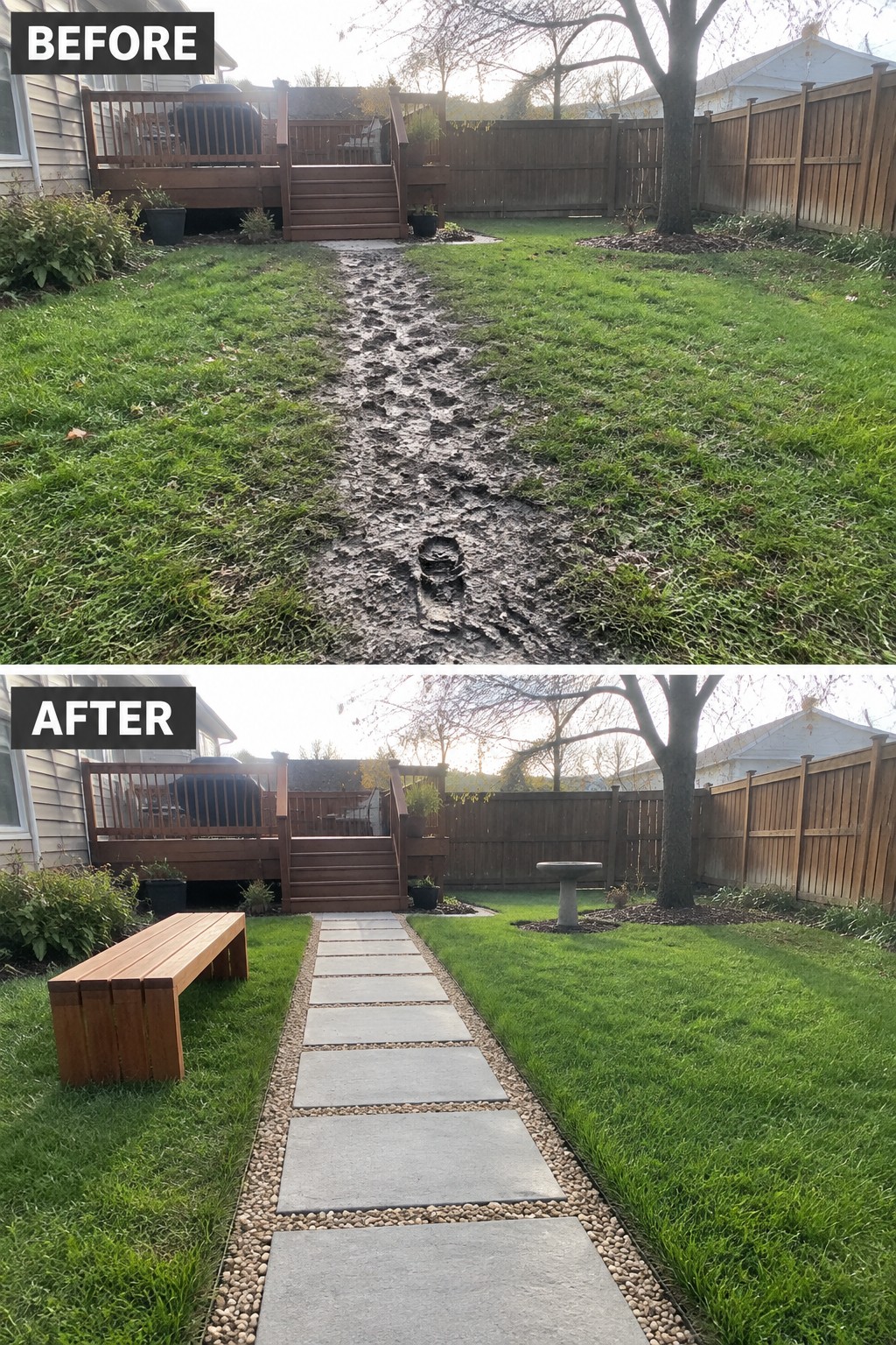 Before and after backyard with muddy path replaced by stone walkway, bench and birdbath.