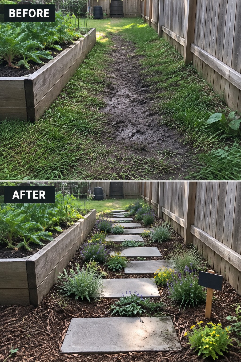 Before and after of muddy garden path transformed into stone walkway with flowers