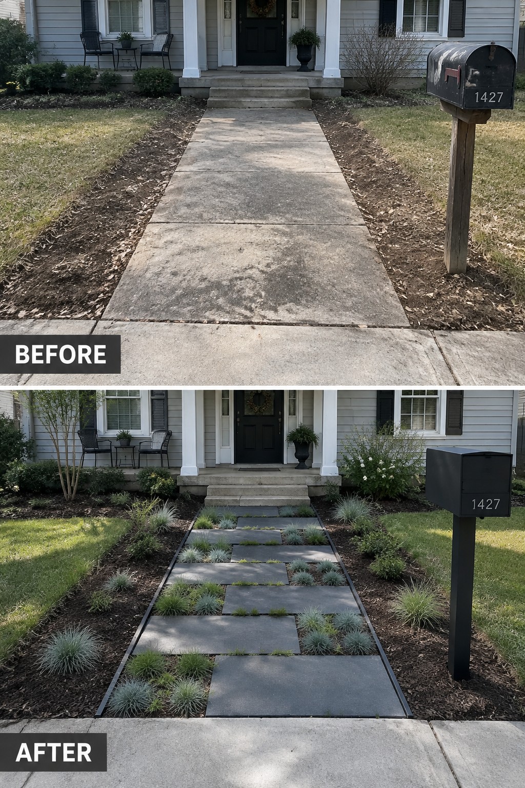 Before-and-after image of a plain concrete walkway replaced by a paver path with planted garden beds along both sides.