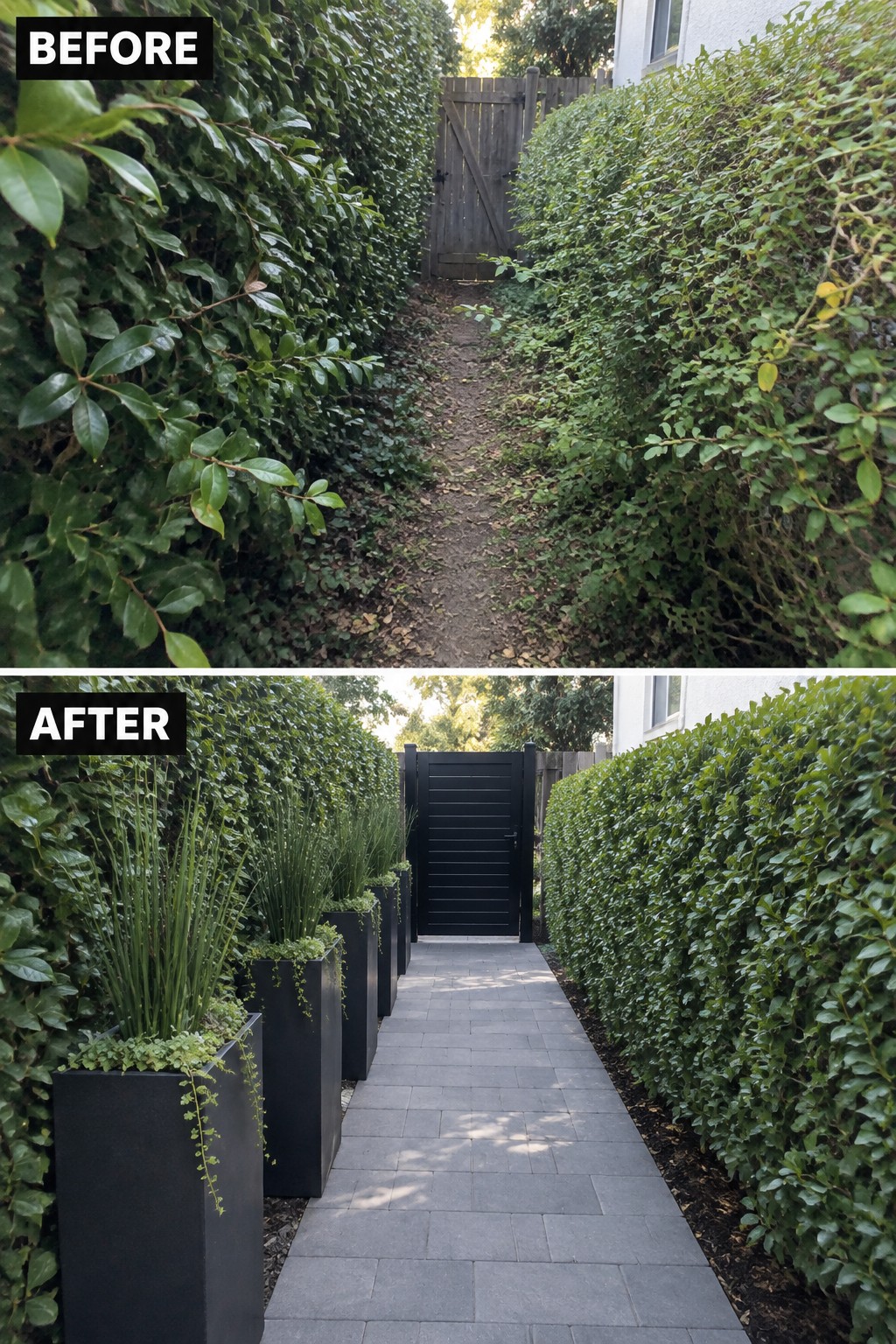 Before and after of overgrown garden path transformed into paved walkway with black planters and gate.